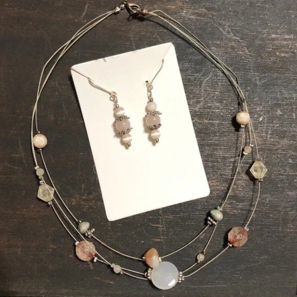 Beaded Layered Wire Necklace & Dangle Pierced Earrings Set